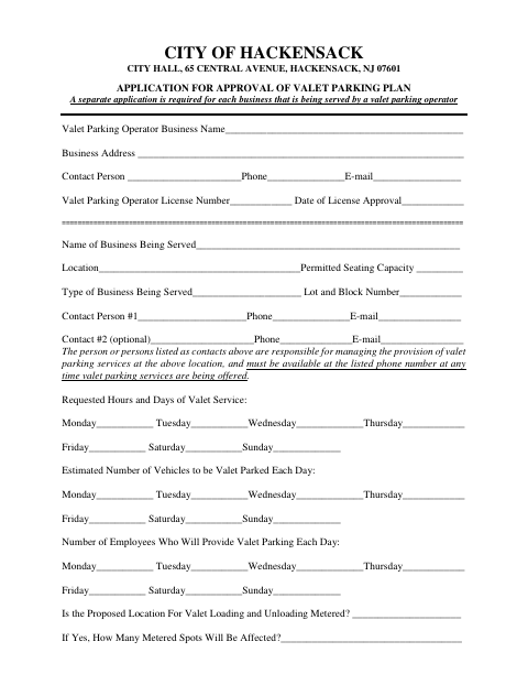 First page of the Application for Approval of Valet Parking Plan