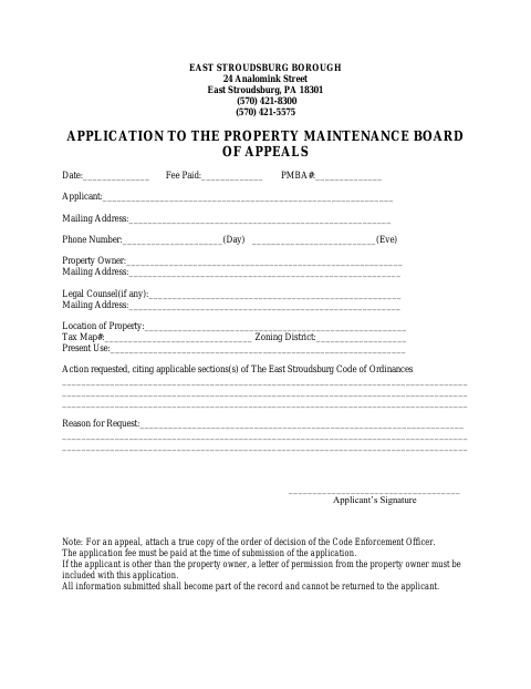 First page of the Application to the Property Maintenance Board of Appeals