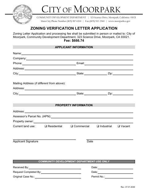 First page of the Zoning Verification Letter Application