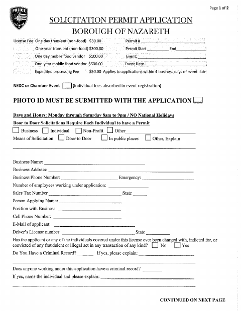 First page of the Solicitation Permit Application