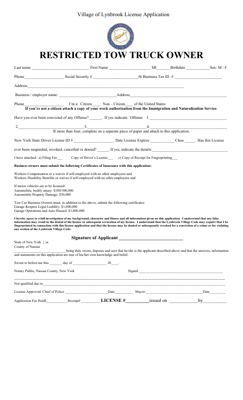 First page of the Restricted Tow Truck Owner License Application