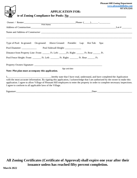 First page of the Application for Certificate of Zoning Compliance for Pools
