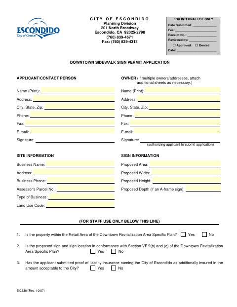 First page of the Downtown Sidewalk Sign Permit Application