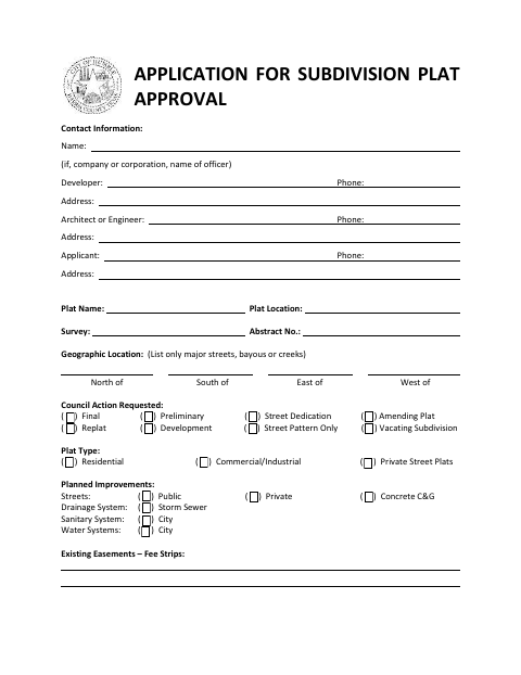 First page of the Application for Subdivision Plat Approval