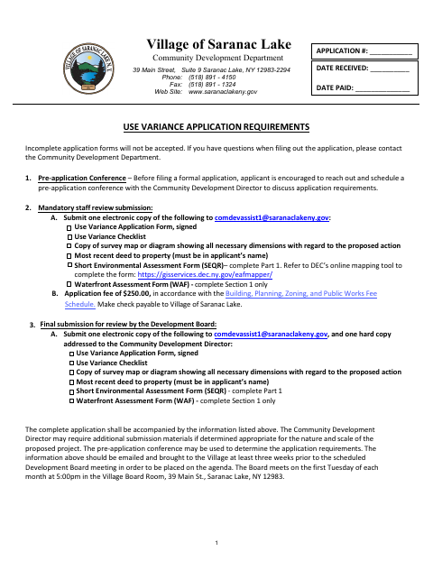 First page of the Use Variance Application