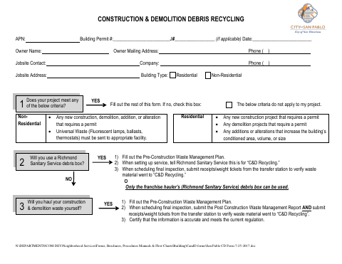 First page of the Construction & Demolition Debris Recycling Form