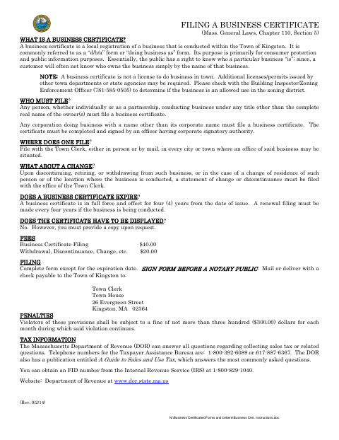 First page of the Business Certificate