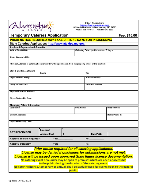 First page of the Temporary Caterers Application