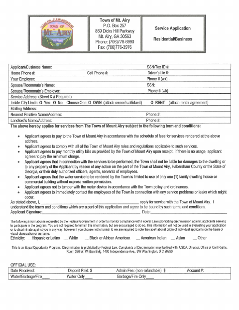 First page of the Residential and Business Service Application