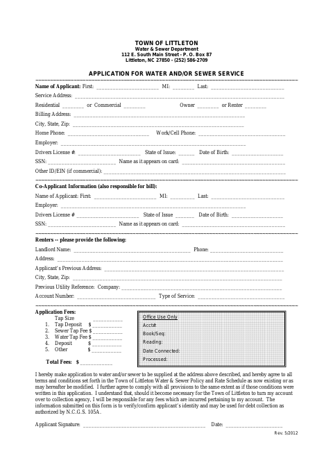 First page of the Application for Water and/or Sewer Service