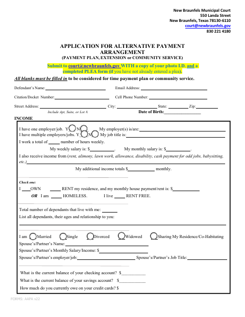 First page of the Application for Alternative Payment Arrangement