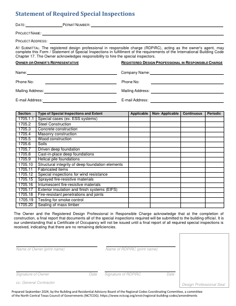 First page of the Statement of Required Special Inspections