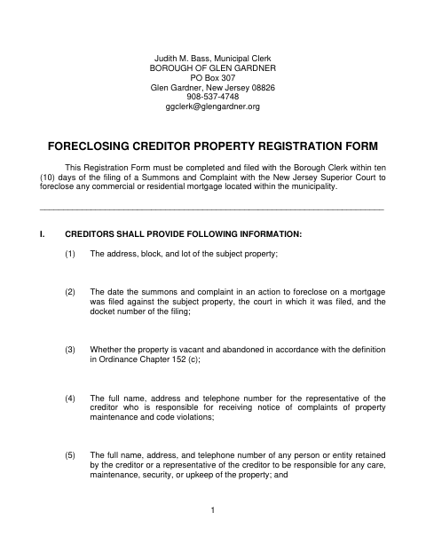 First page of the Foreclosing Creditor Property Registration Form