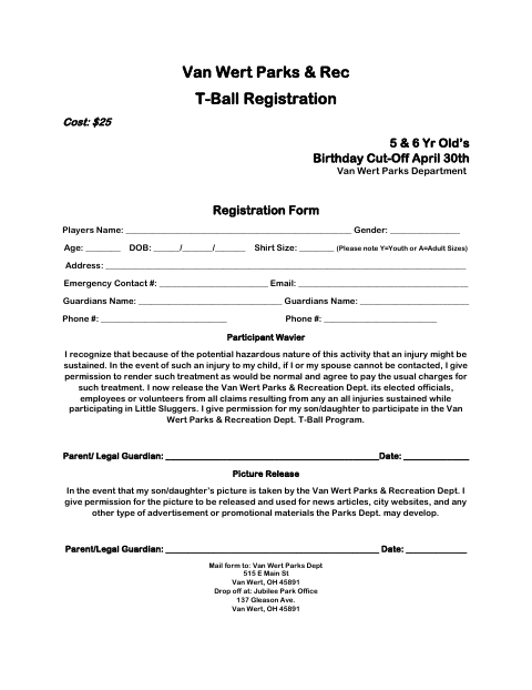 First page of the T-Ball Registration Form