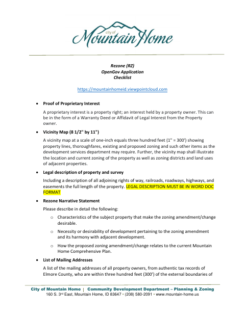 First page of the Rezone Application