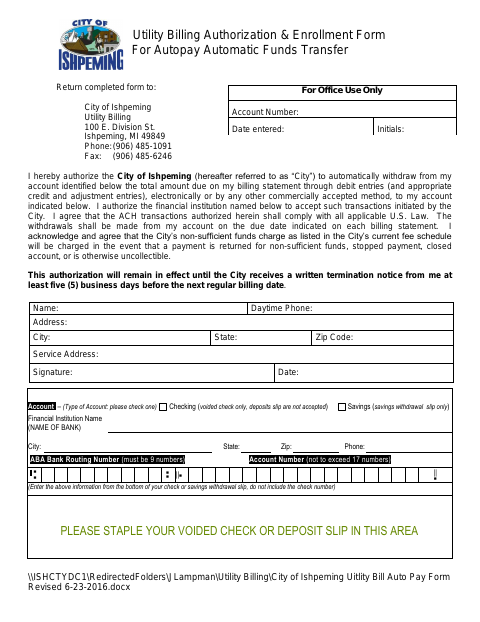 First page of the Utility Billing Authorization & Enrollment Form for Autopay