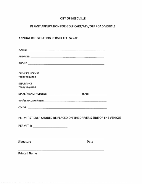 First page of the Golf Cart and ATV Registration Permit Application
