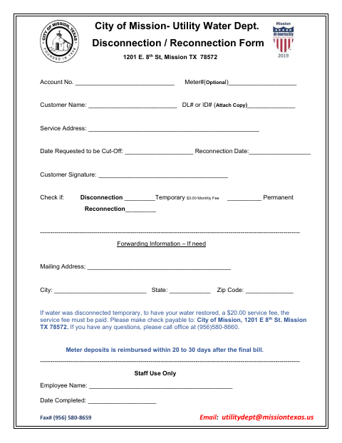 First page of the Disconnection / Reconnection Form