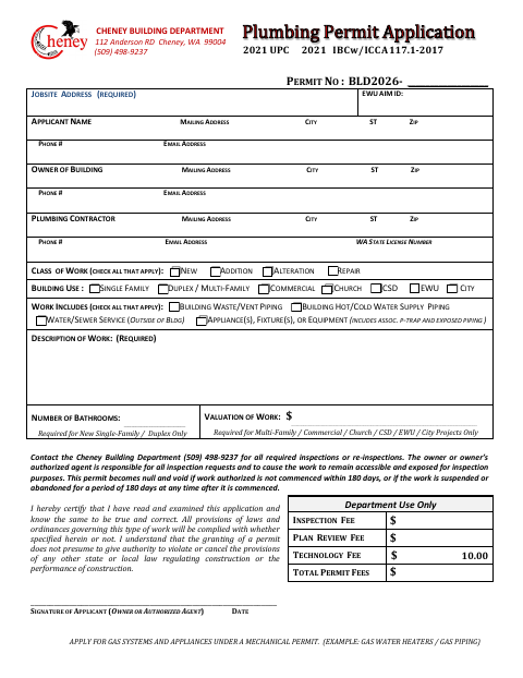 First page of the Plumbing Permit Application