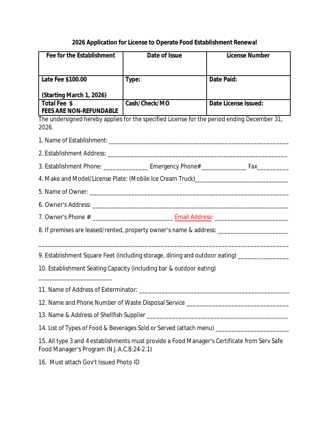 First page of the Application for License to Operate Food Establishment