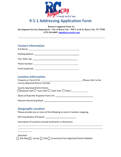 First page of the 9-1-1 Addressing Application Form