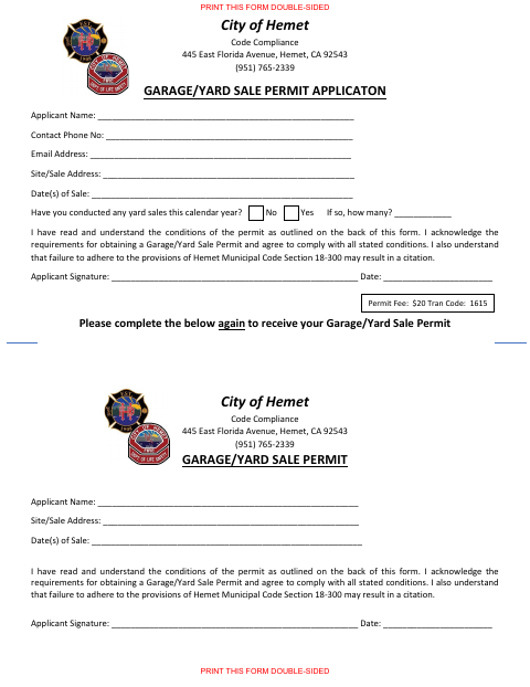 First page of the Yard Sale Permit Application