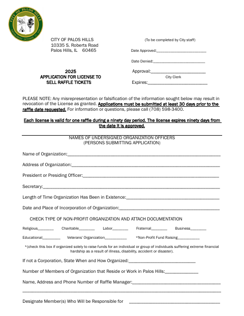 First page of the Raffle License Application