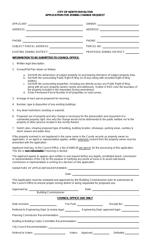 First page of the Application for Zoning Change Request