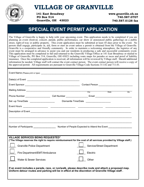 First page of the Special Event Permit Application