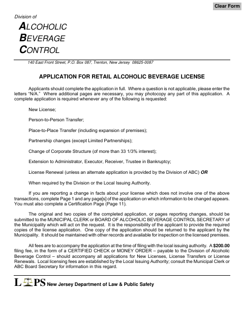 First page of the Retail Alcoholic Beverage License Application