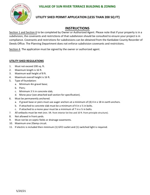First page of the Utility Shed Permit Application