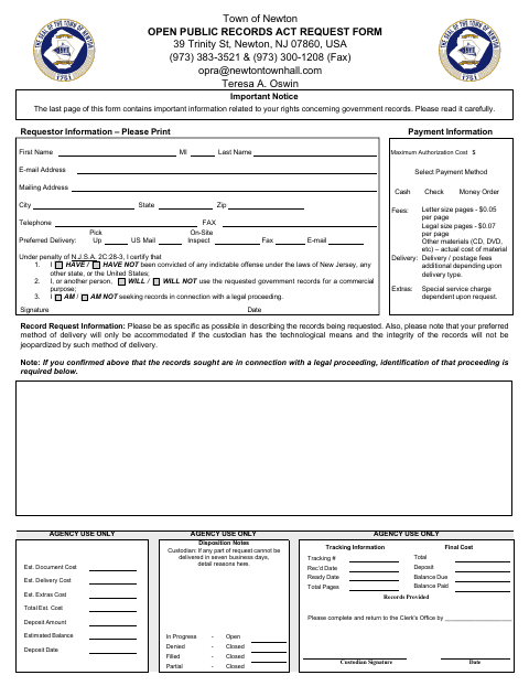 First page of the Open Public Records Act Request Form
