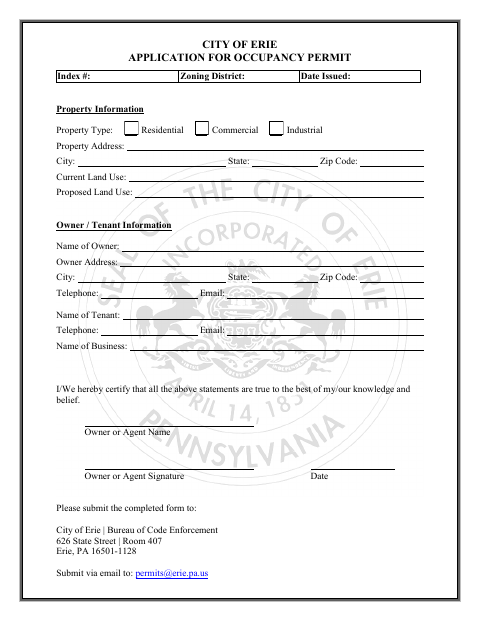 First page of the Occupancy Permit Application