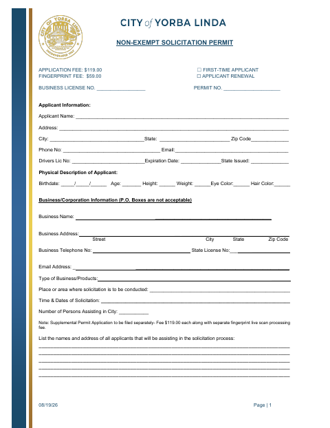 First page of the Non-Exempt Solicitation Permit Application