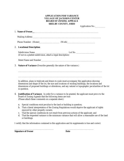 First page of the Application for Variance