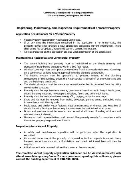 First page of the Vacant Property Registration Application