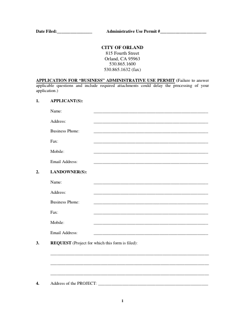 First page of the Business Administrative Use Permit Application