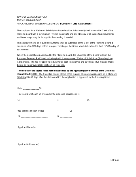 First page of the Waiver of Subdivision Boundary Line Adjustment Application