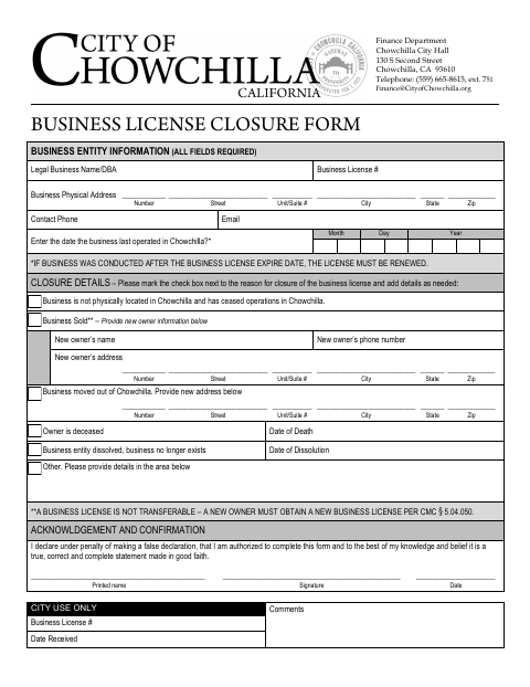 First page of the Business License Closure Form