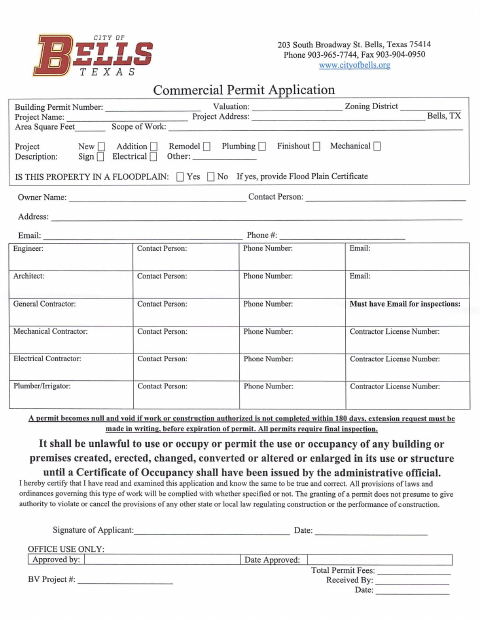 First page of the Commercial Permit Application