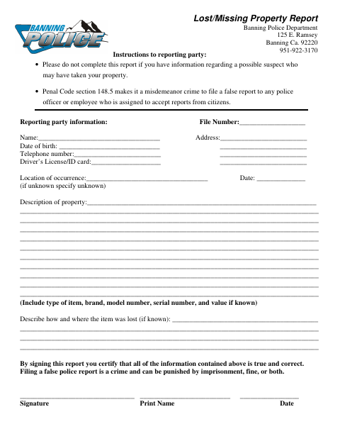First page of the Lost/Missing Property Report