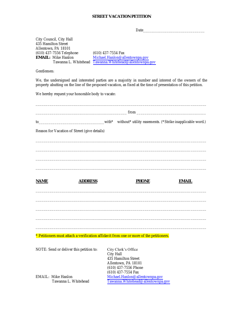 First page of the Street Vacation Petition