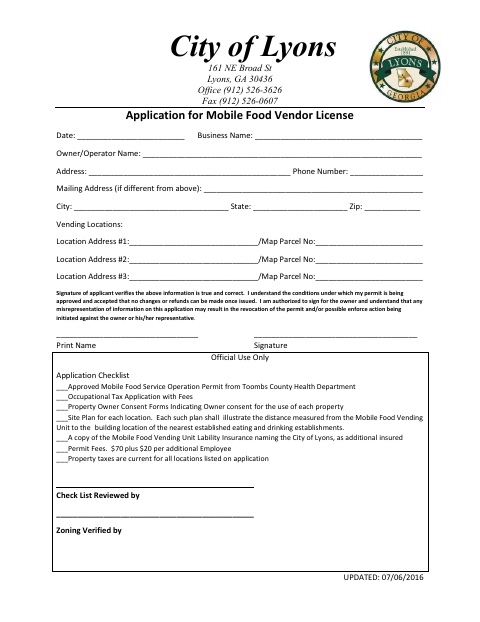 First page of the Application for Mobile Food Vendor License