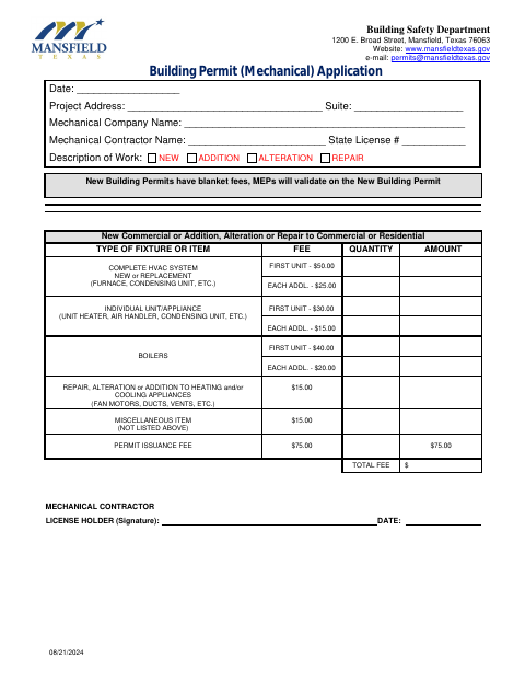 First page of the Building Permit (Mechanical) Application