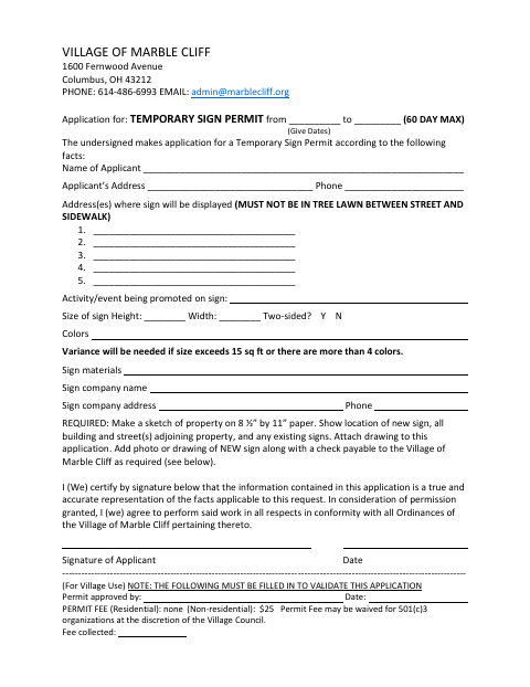 First page of the Application for Temporary Sign Permit