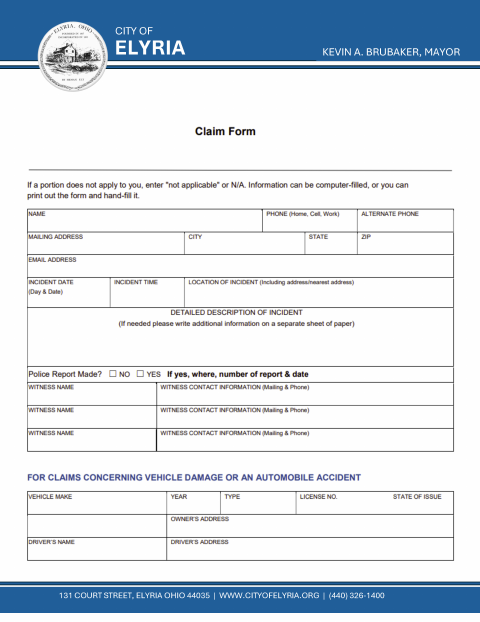 First page of the Claims for Damage Form