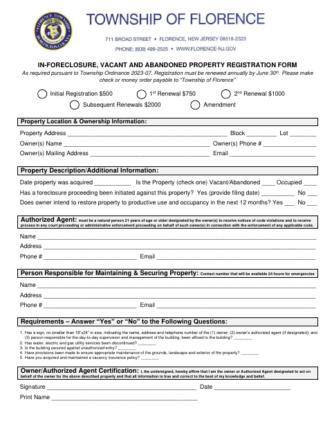 First page of the In-Foreclosure, Vacant and Abandoned Property Registration Form