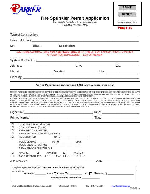 First page of the Fire Sprinkler Permit Application