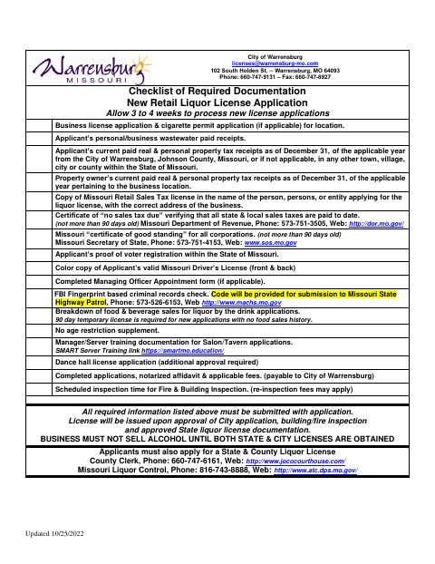 First page of the Retail Liquor License Application