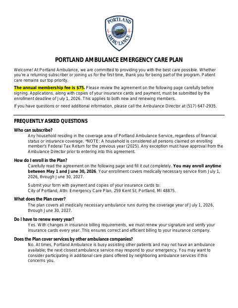First page of the Portland Ambulance Emergency Care Plan Membership Application and Agreement